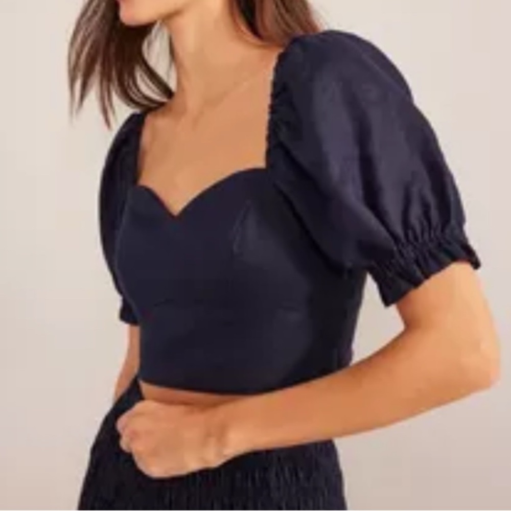 Vesper Navy Off-Shoulder Puff Sleeve Crop Top NWT